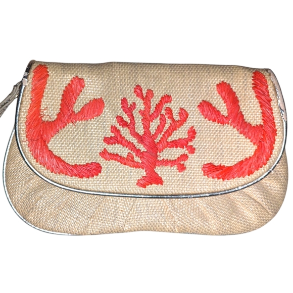 FELIX REY Spring Straw Rattan Clutch Purse Wristlet Orange Embroidery Detail - Picture 8 of 9